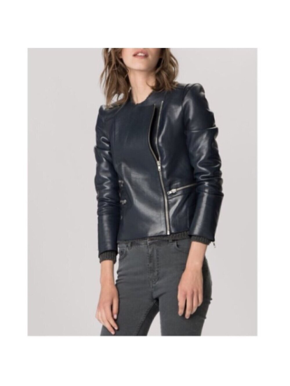 MAJE Lambskin Leather Moto Jacket in Dark Blue Size 36